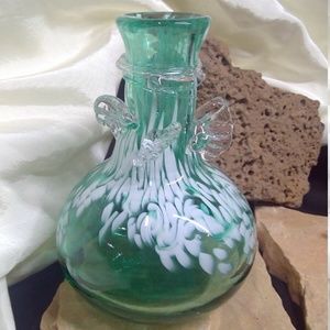 Hand Made USA Blown Glass Teal w White VASE